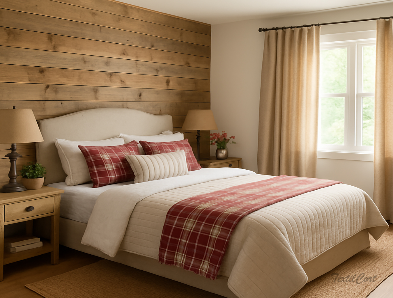 Dormitorio rústico con cortinas beige y textiles a cuadros