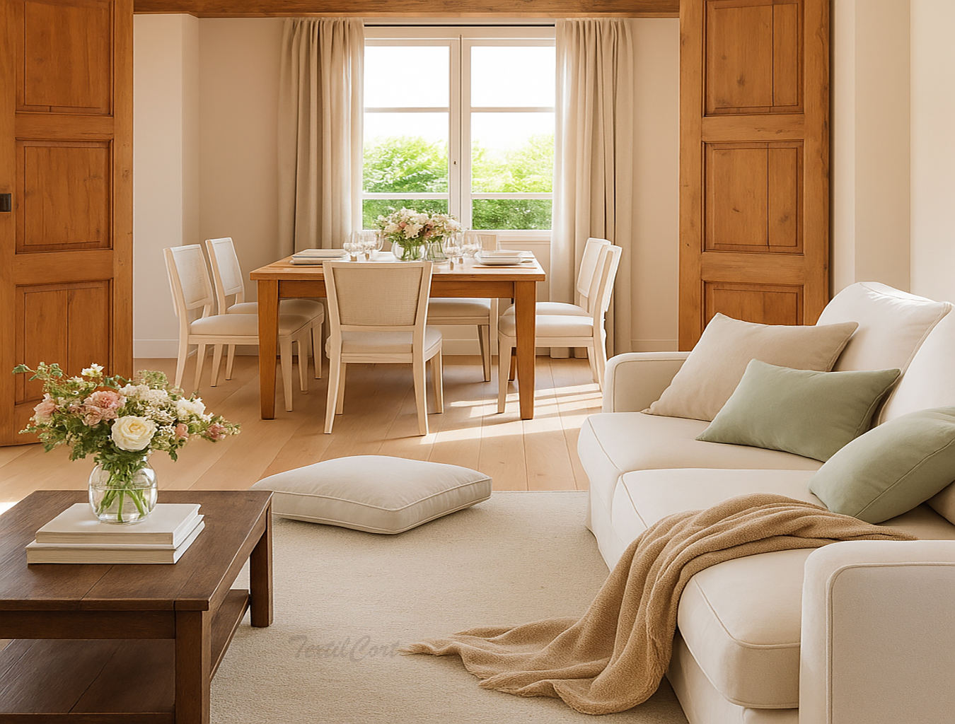 Comedor country luminoso con cortinas de lino y detalles florales