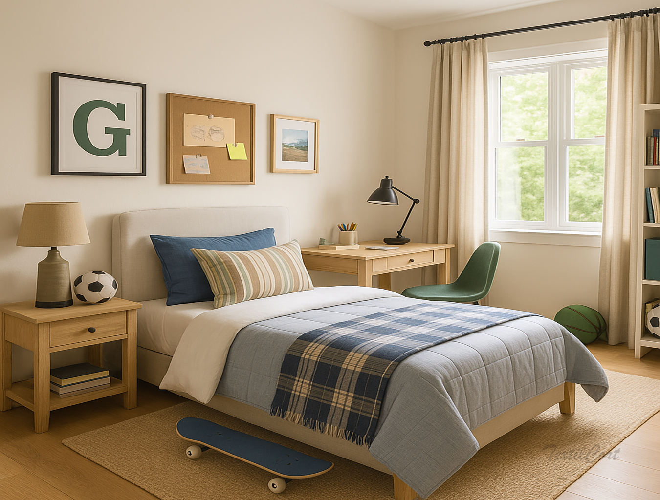 Dormitorio juvenil estilo country con cortinas beige y detalles en azul