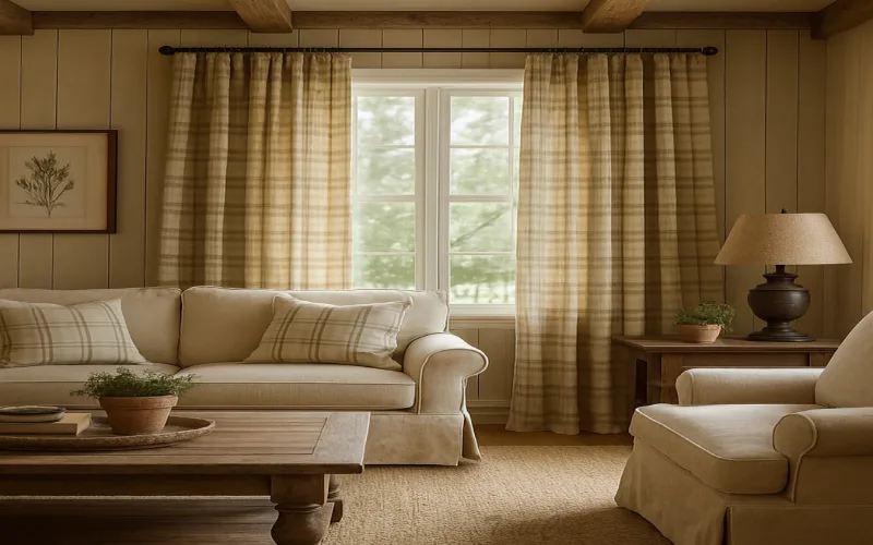 Cortinas estilo country a cuadros beige y visillos claros