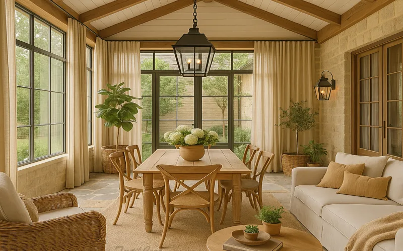 Galería acristalada estilo country con cortinas beige y mobiliario de madera