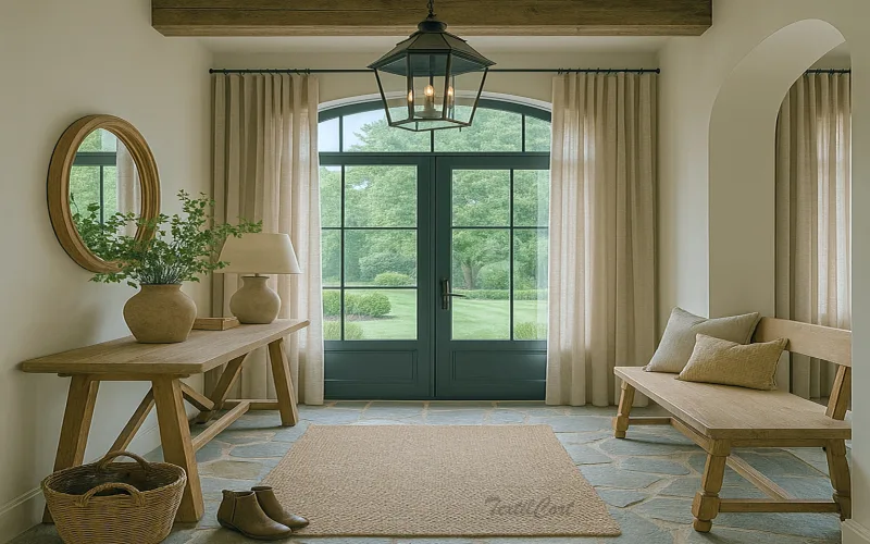 Entrada estilo country con cortinas beige y mobiliario en madera natural