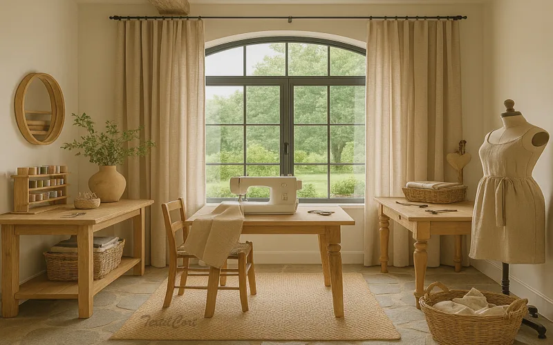 Sala de costura estilo country con cortinas beige y mobiliario de madera