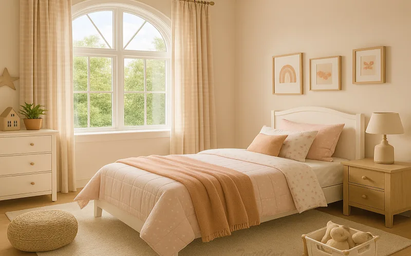 Dormitorio infantil estilo country en tonos rosa y cortinas a cuadros