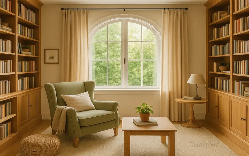 Sala de lectura estilo country con butaca y cortinas beis