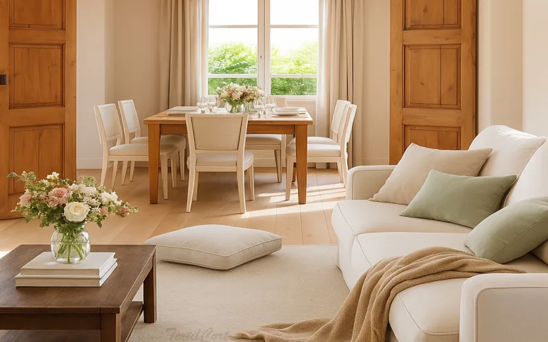 Comedor country luminoso con cortinas de lino y detalles florales