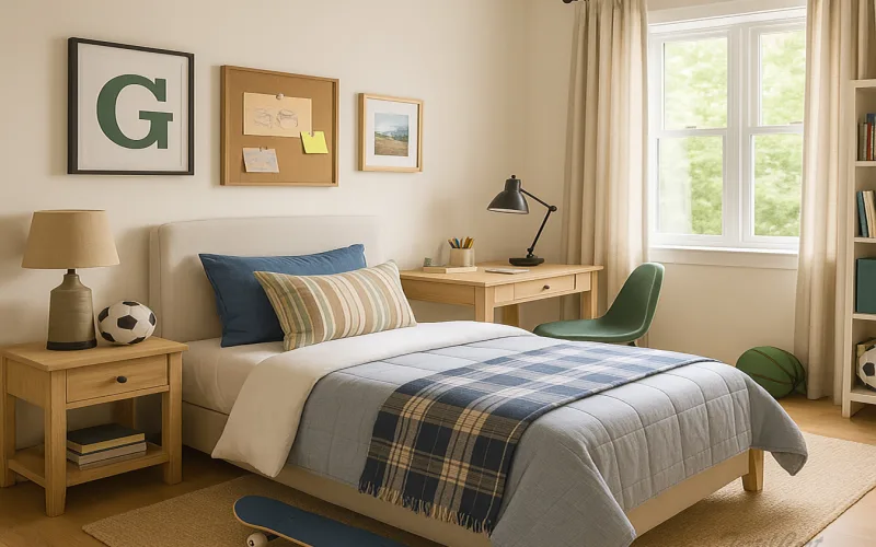 Dormitorio juvenil estilo country con cortinas beige y detalles en azul