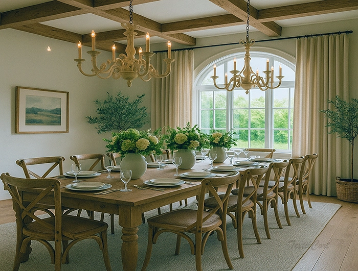 Comedor estilo country con grandes ventanales y cortinas beige