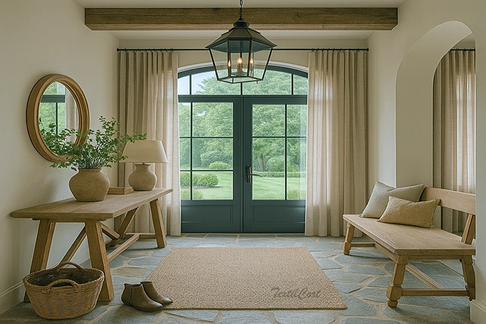 Entrada estilo country con cortinas beige y mobiliario en madera natural