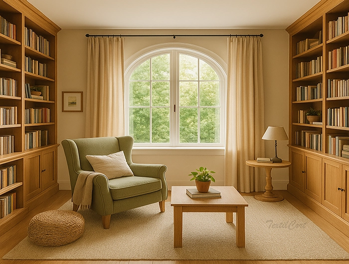 Sala de lectura estilo country con butaca y cortinas beis
