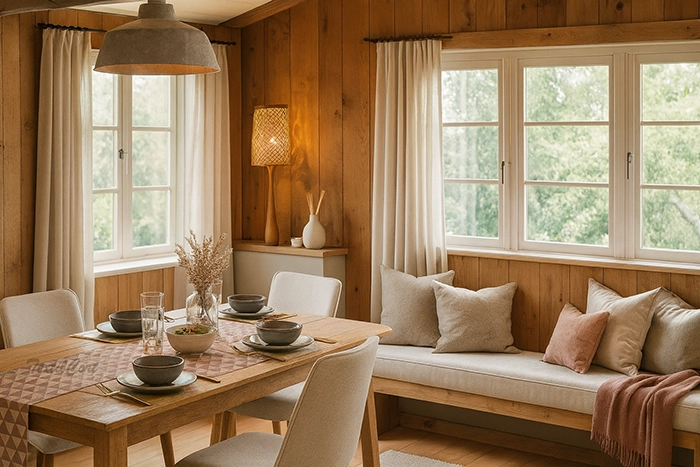 Comedor rústico con cortinas blancas estilo country
