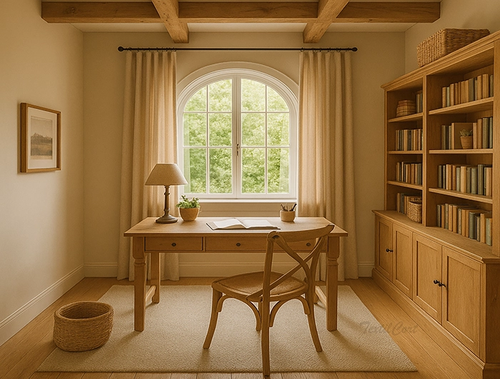 Despacho rústico con cortinas beige y mobiliario de madera natural