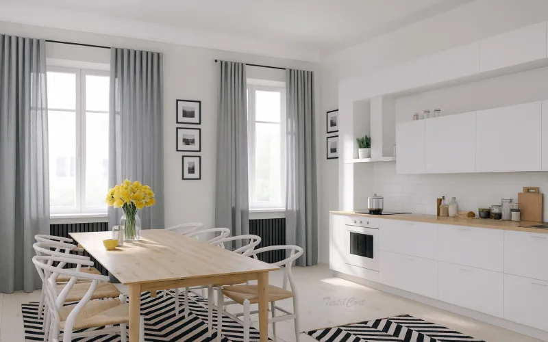 Cortinas estilo escandinavo en gris perla con visillos blancos