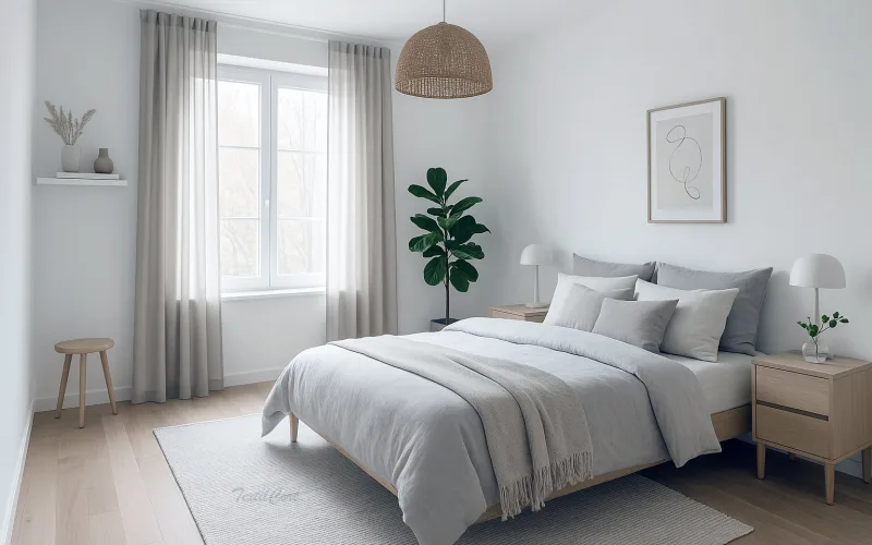 Dormitorio escandinavo con cortinas tono piedra