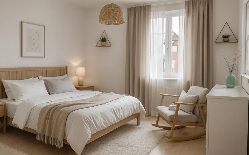 Dormitorio escandinavo con cortinas dobles en tonos arena y visillo blanco