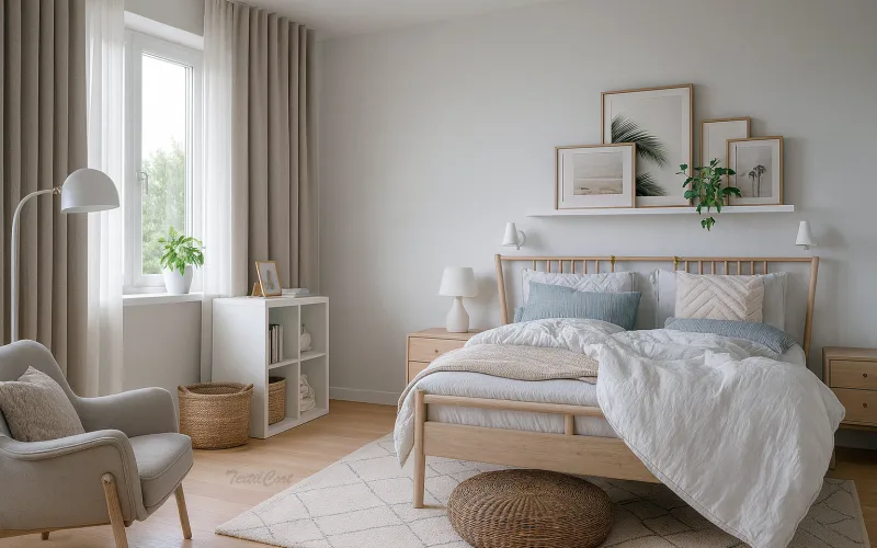Dormitorio escandinavo con cortinas dobles beige y visillo translúcido
