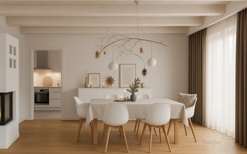 Comedor nórdico con cortinas dobles en marrón tierra y visillo natural