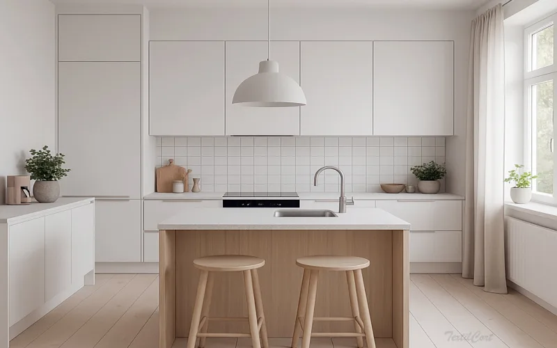 Cortinas escandinavas en beige frío con cocina nórdica minimalista