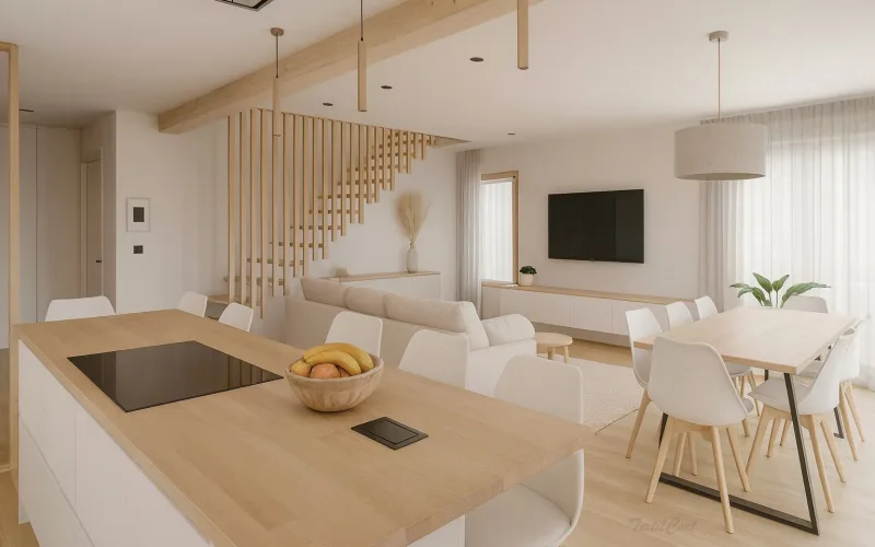 Cortinas estilo escandinavo en visillo blanco con salón-comedor nórdico
