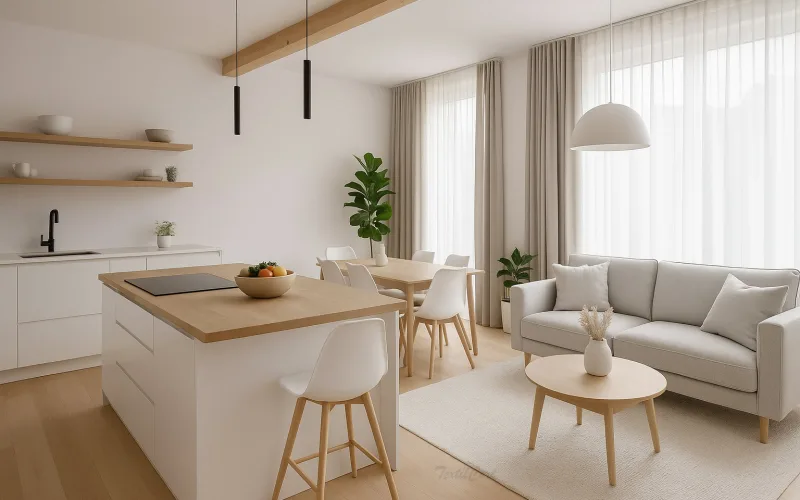 Cortinas escandinavas en gris topo claro con visillos blancos