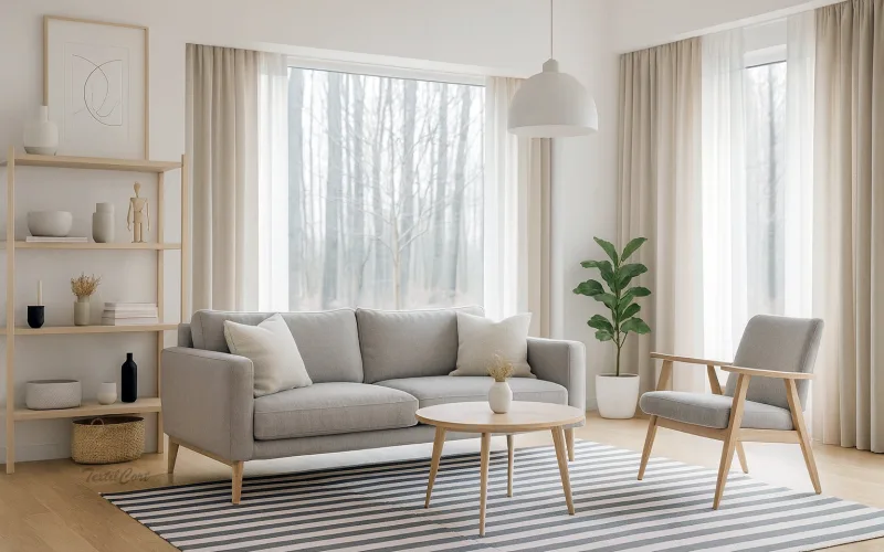 Cortinas escandinavas en beige claro con visillos blancos