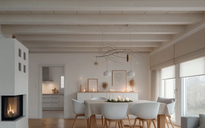 Comedor escandinavo con estores y cortinas en tonos arena
