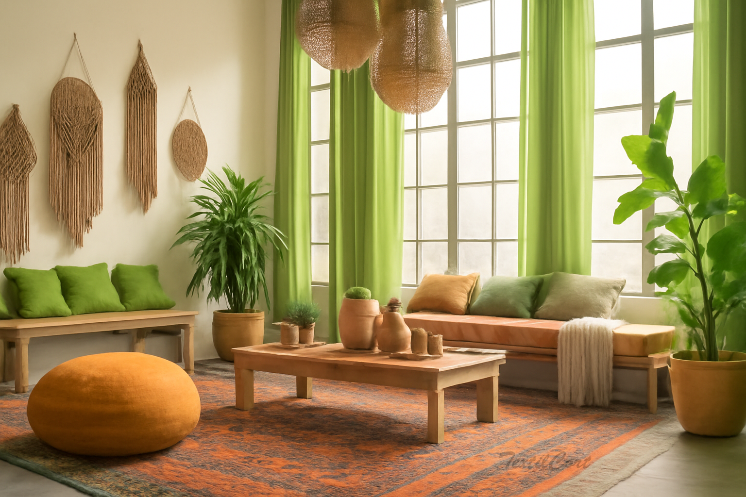 Cortinas estilo étnico en verde natural para salones con personalidad