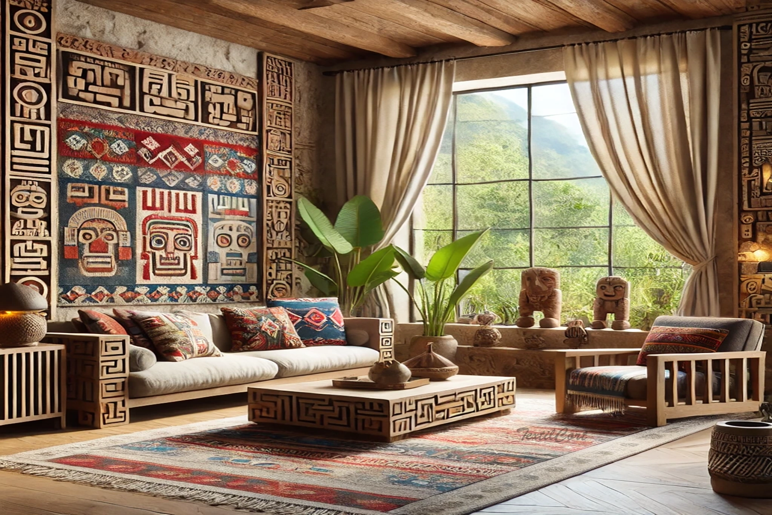 Cortinas estilo étnico natural en salón de inspiración tribal