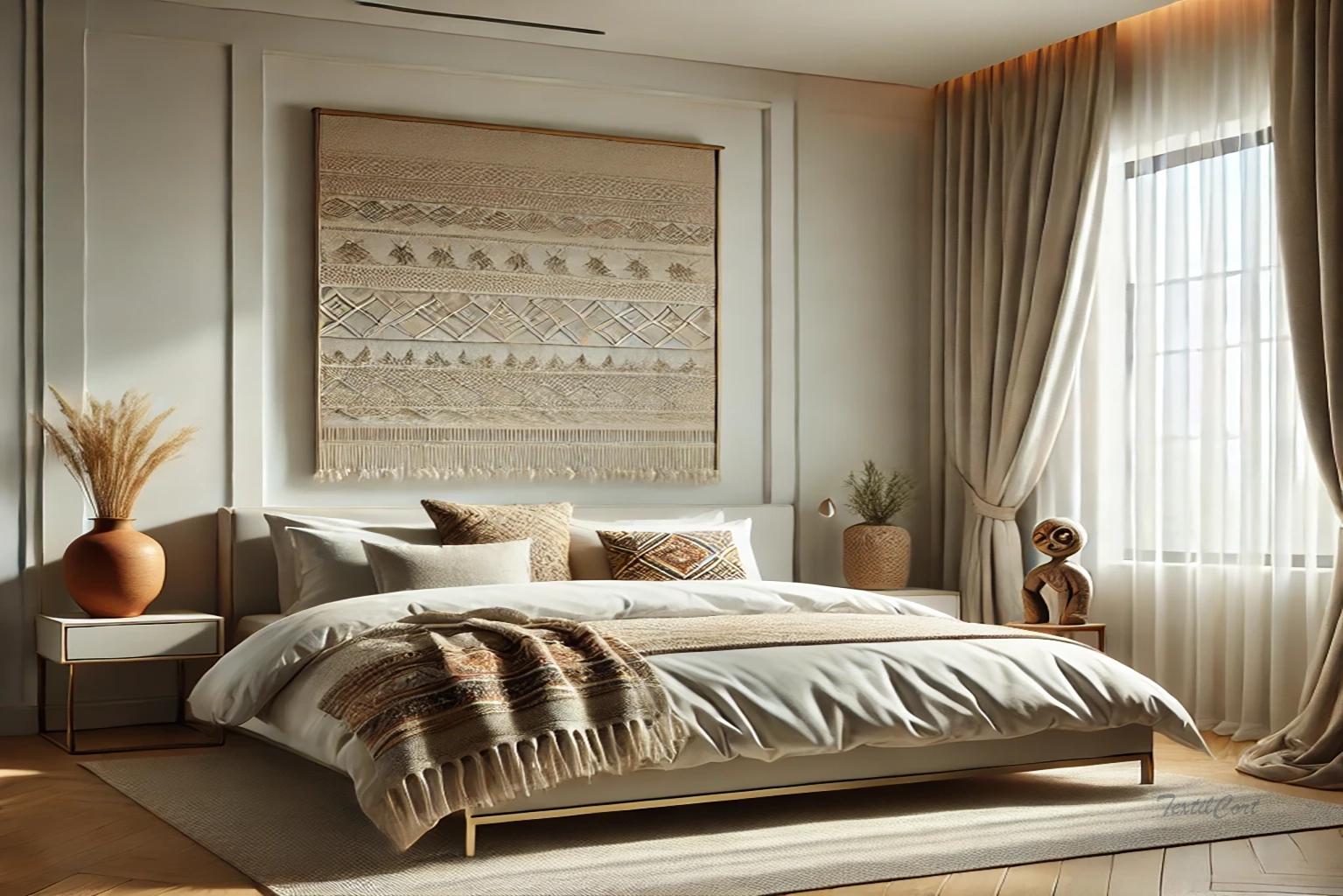 Interior étnico con tejidos artesanales y cortinas con textura