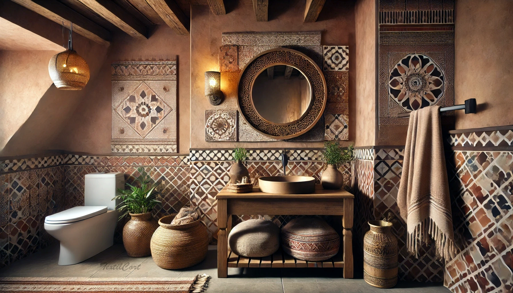 Baño de estilo étnico con textiles naturales y atmósfera artesanal