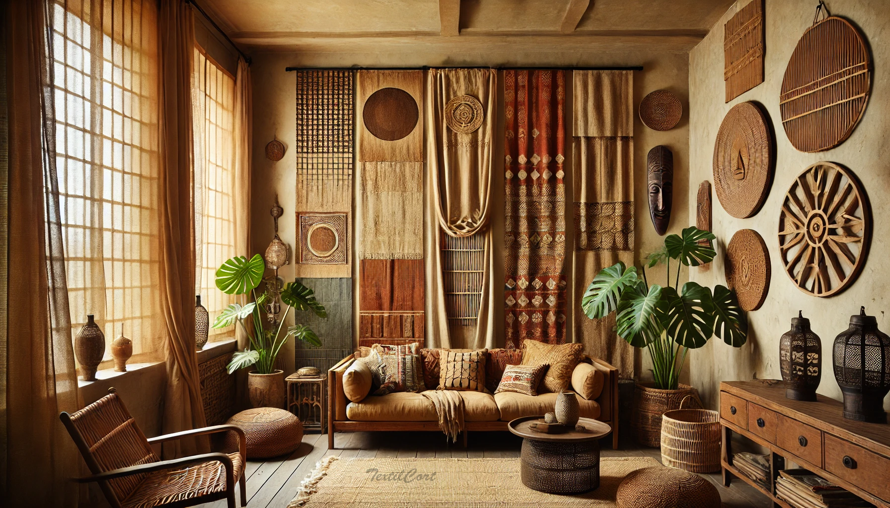 Cortinas estilo étnico artesanal en salón con identidad cultural