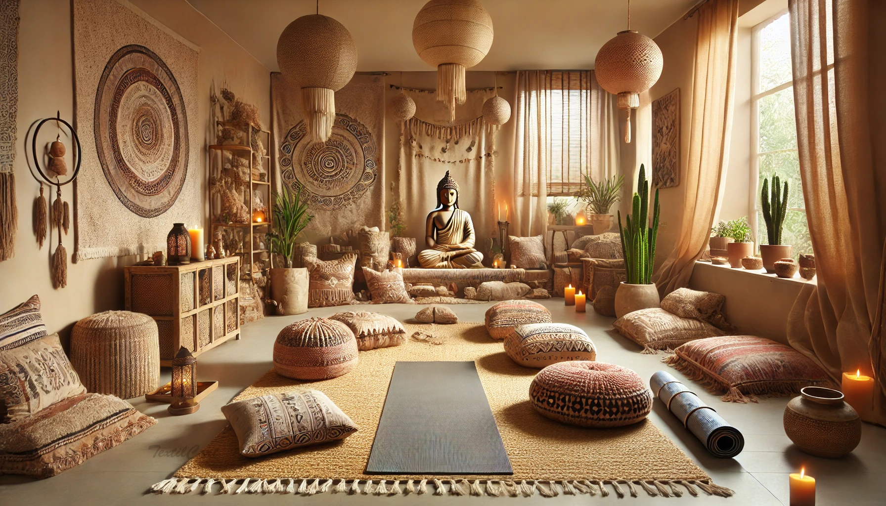 Cortinas estilo étnico natural en espacio de meditación y calma