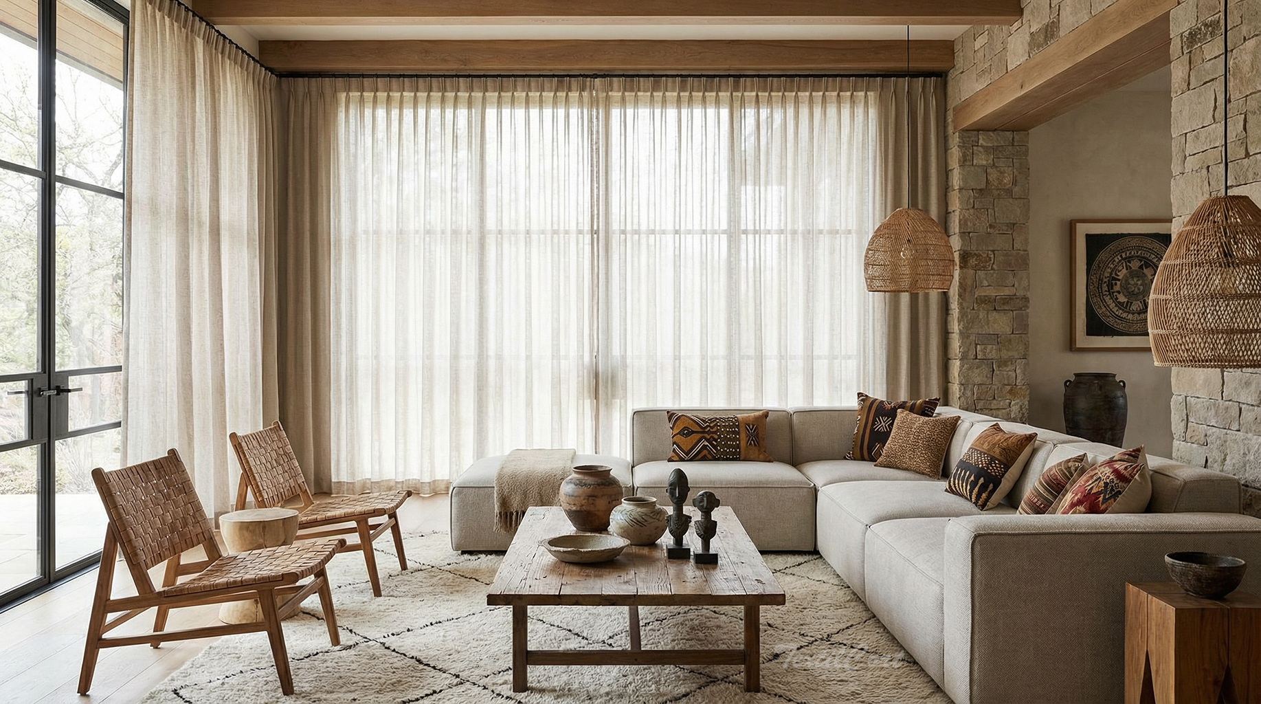 Cortinas estilo étnico natural para grandes ventanales