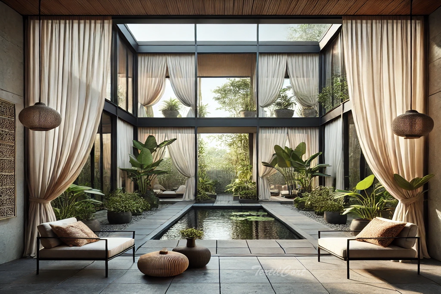 Cortinas estilo étnico en doble altura con tejidos vaporosos