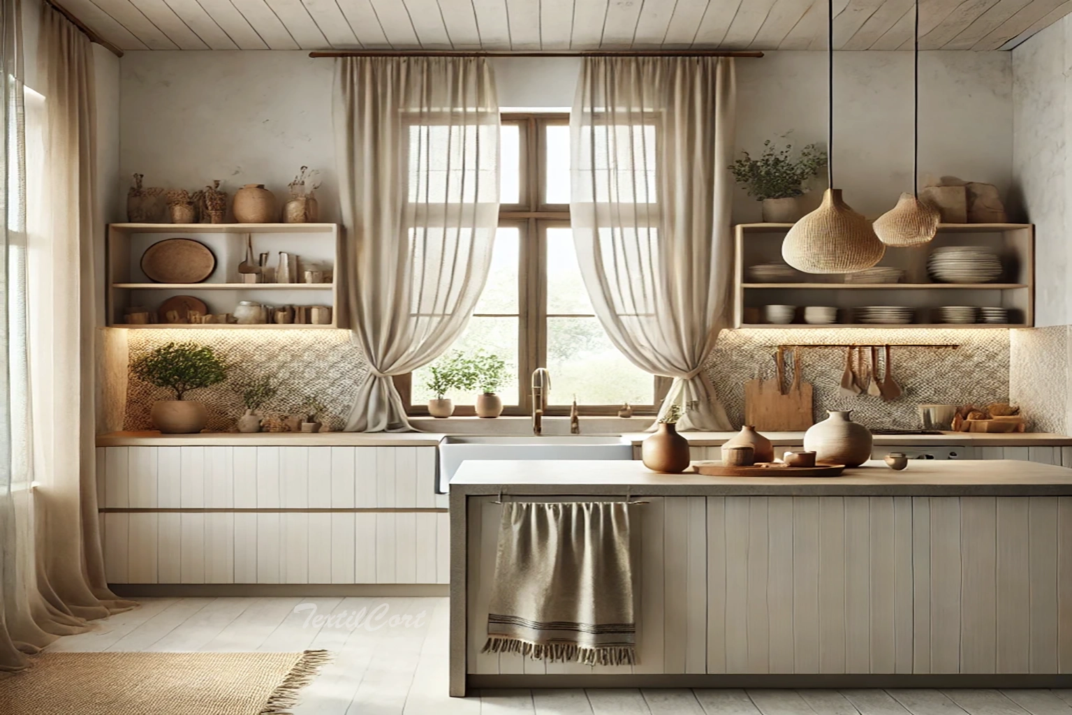 Cortinas estilo étnico en cocina con visillos ligeros