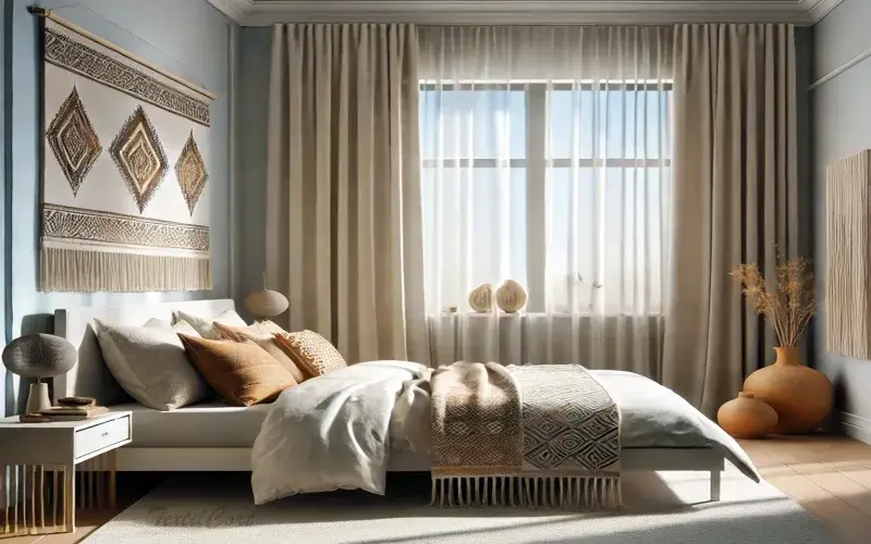 Cortinas estilo étnico combinadas con visillos en dormitorio