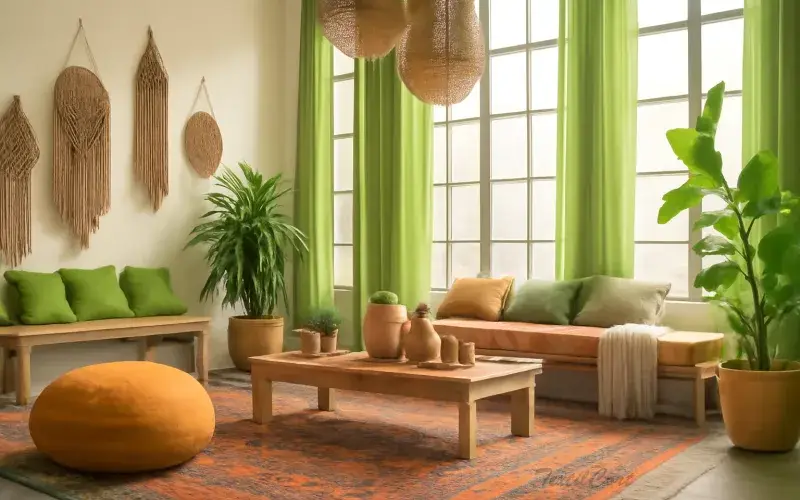 Cortinas estilo étnico en verde natural para salones con personalidad