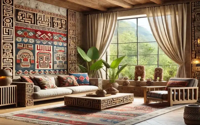 Cortinas estilo étnico natural en salón de inspiración tribal