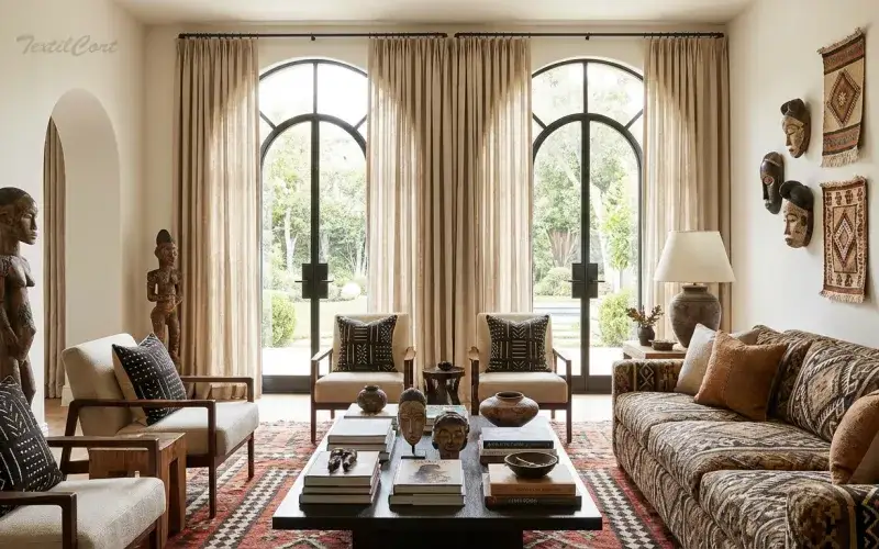 Cortinas estilo étnico a medida para ventanales arqueados
