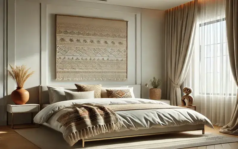 Interior étnico con tejidos artesanales y cortinas con textura