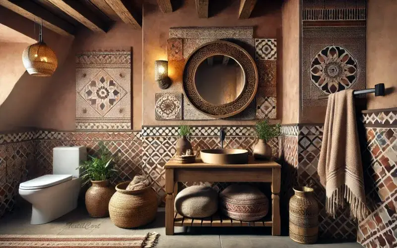 Baño de estilo étnico con textiles naturales y atmósfera artesanal