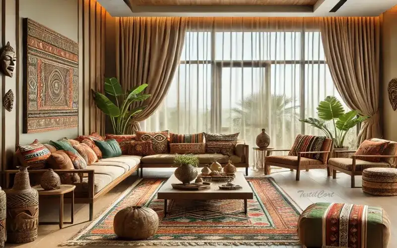 Cortinas estilo étnico cálido en salón amplio y luminoso