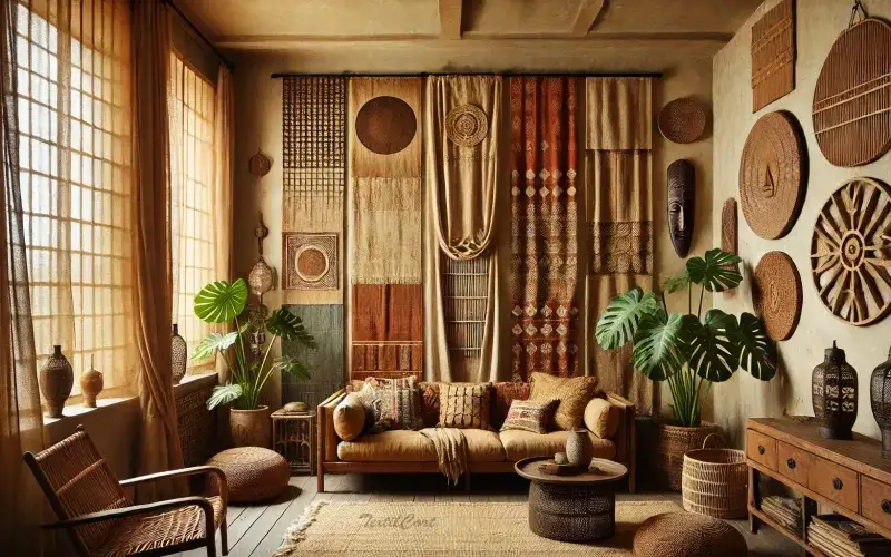 Cortinas estilo étnico artesanal en salón con identidad cultural