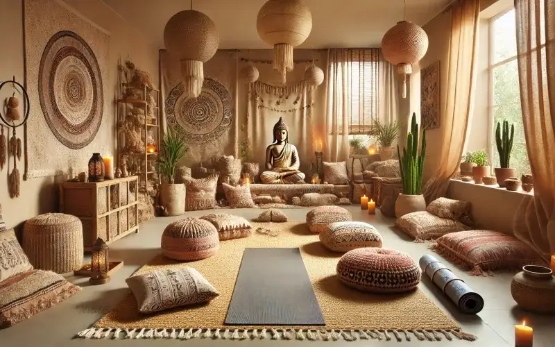 Cortinas estilo étnico natural en espacio de meditación y calma