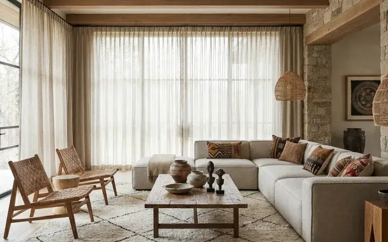 Cortinas estilo étnico natural para grandes ventanales