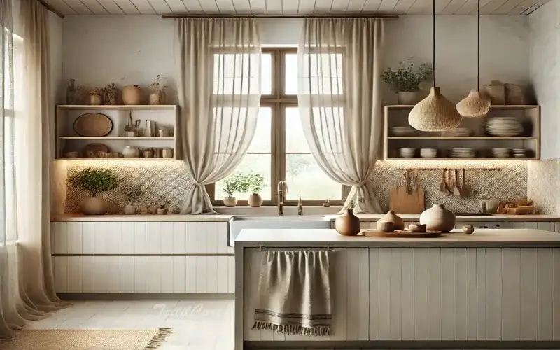 Cortinas estilo étnico en cocina con visillos ligeros