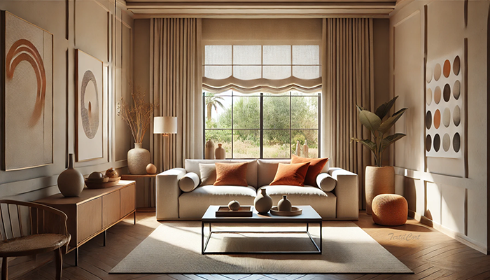 Cortinas estilo étnico moderno en tonos arena con caída natural