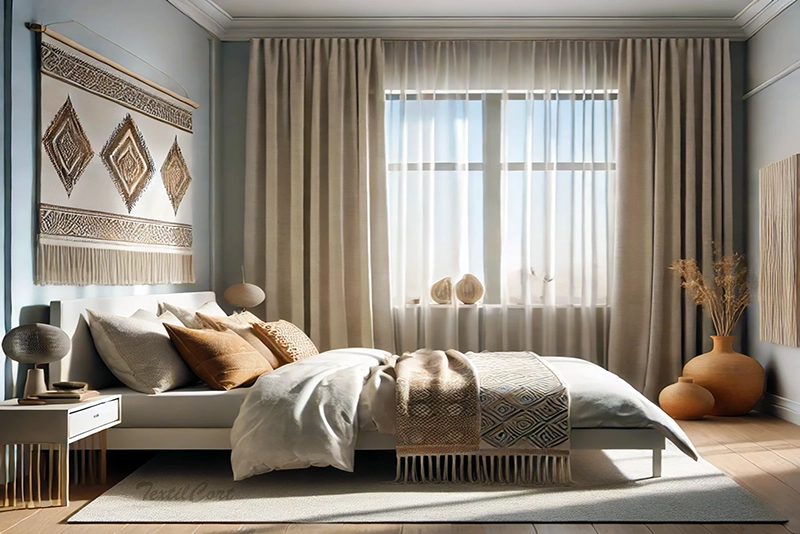 Cortinas estilo étnico combinadas con visillos en dormitorio
