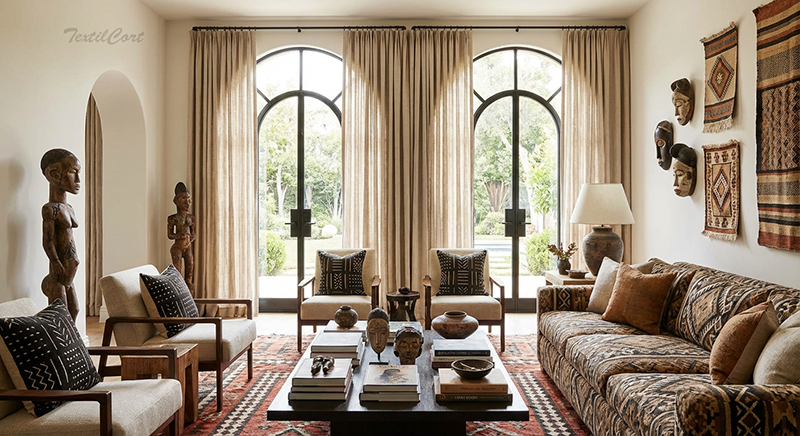 Cortinas estilo étnico a medida para ventanales arqueados