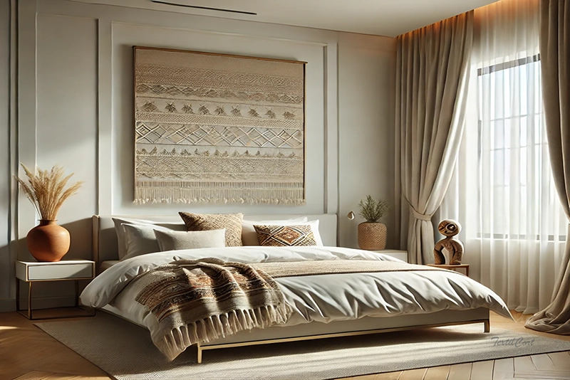 Cortinas estilo étnico en tonos naturales con visillos translúcidos